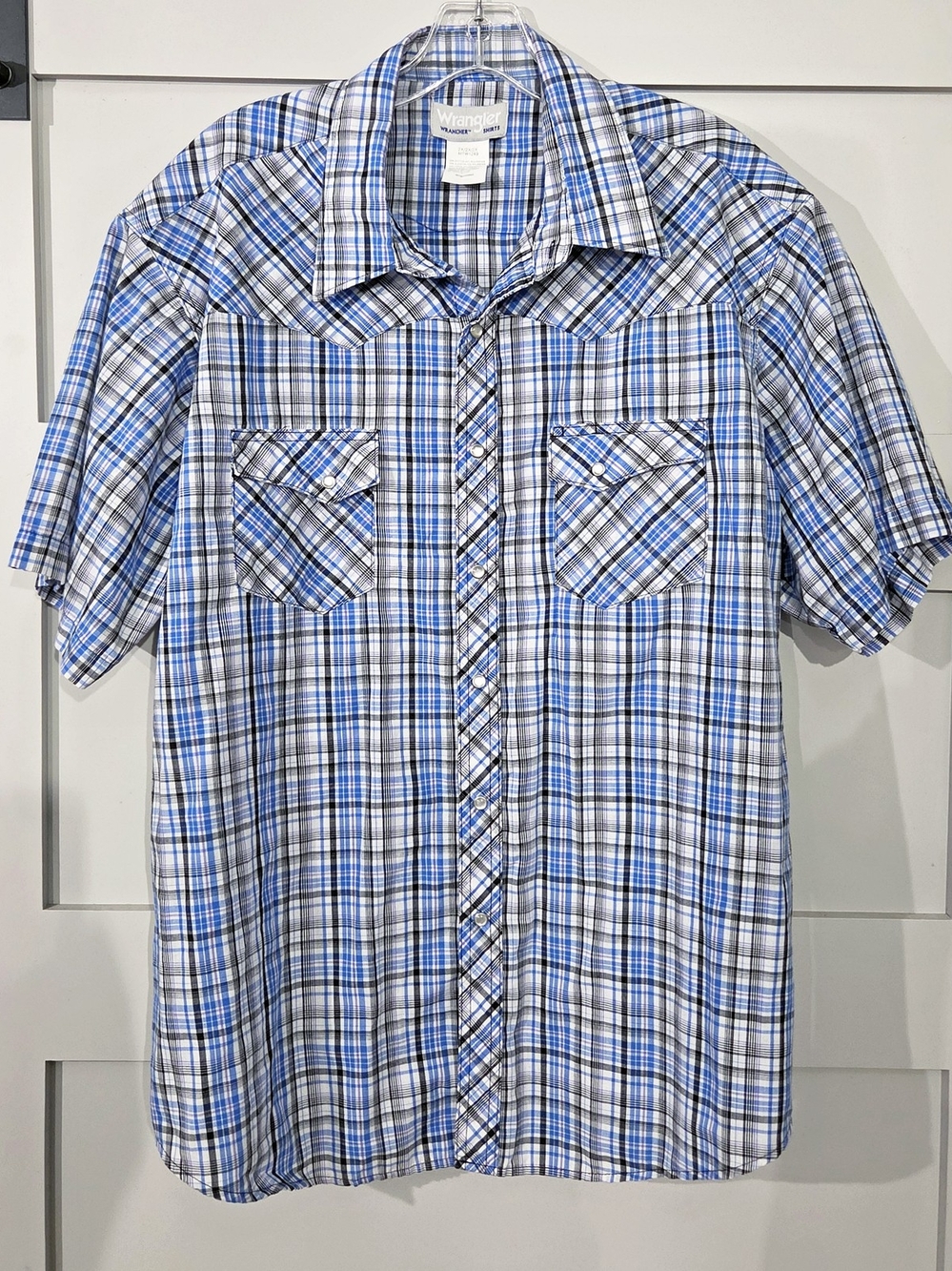 Wrangler Blue, White and Brown Plaid Short Sleeve Western Button-Down Shirt - Picture 1 of 3